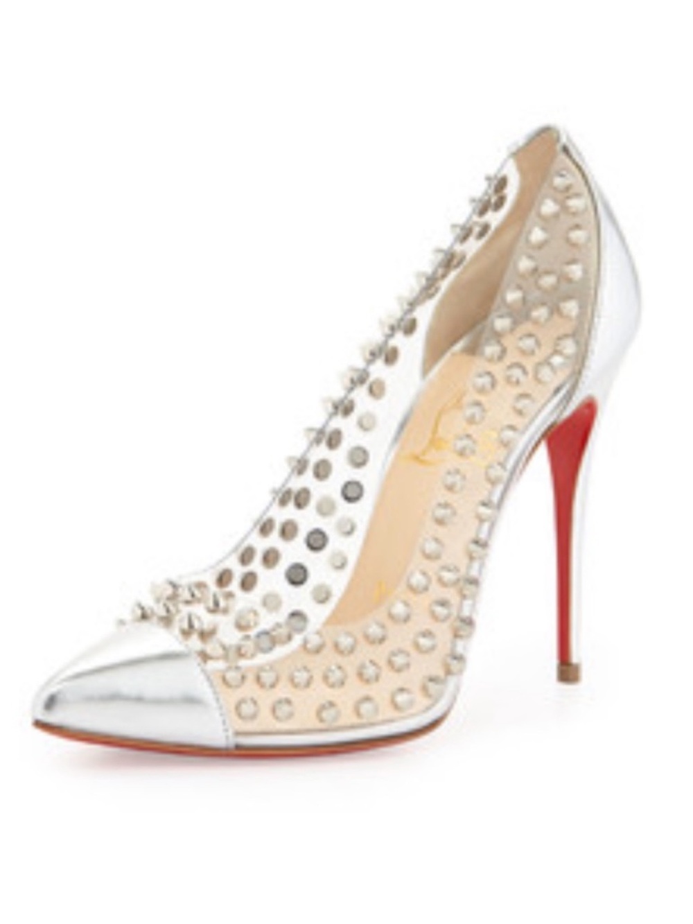 Christian Louboutin Metallic Silver Gloss Clear PVC Spike Me 100 Pumps Size 39